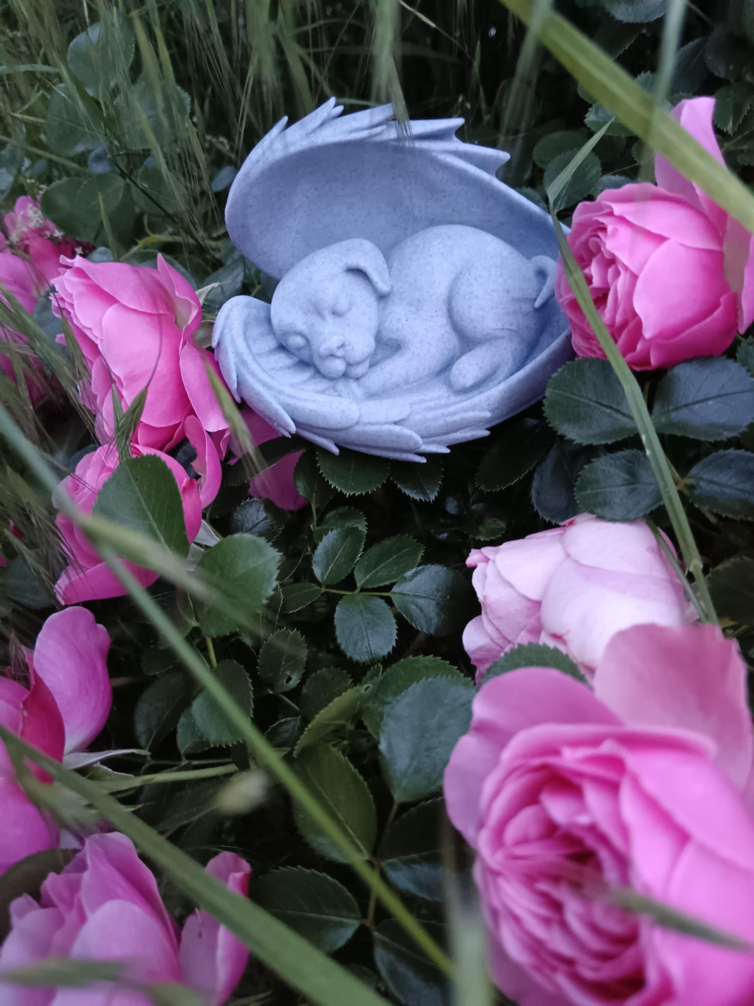 Erinnerungsstück mit Engelsflügeln, eingebettet in Rosen im Garten